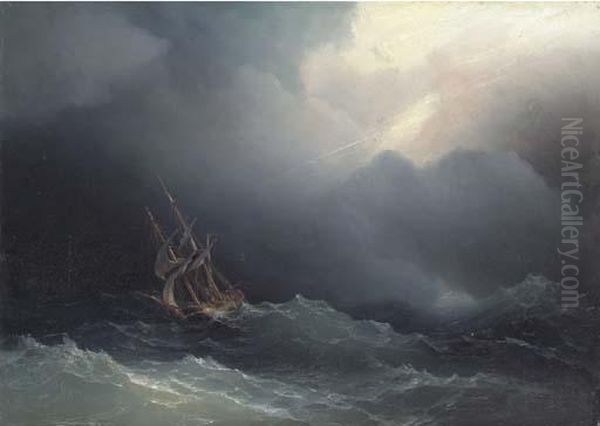 Ship In Rough Sea Oil Painting by Ivan Konstantinovich Aivazovsky