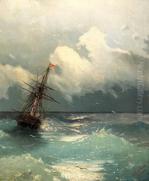 A Two-masted Ship On Rough Seas Oil Painting by Ivan Konstantinovich Aivazovsky