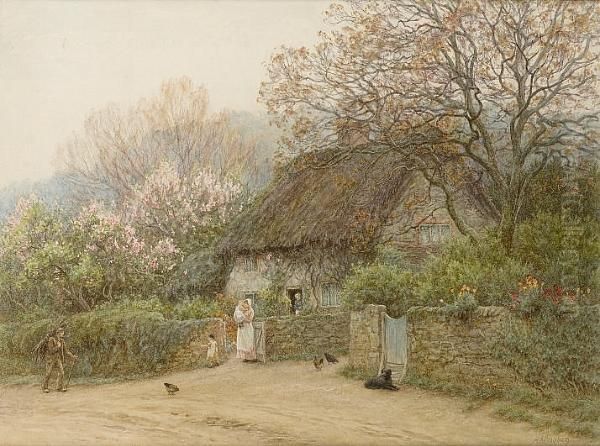 Thatched Cottage With Figures Oil Painting by Helen Mary Elizabeth Allingham