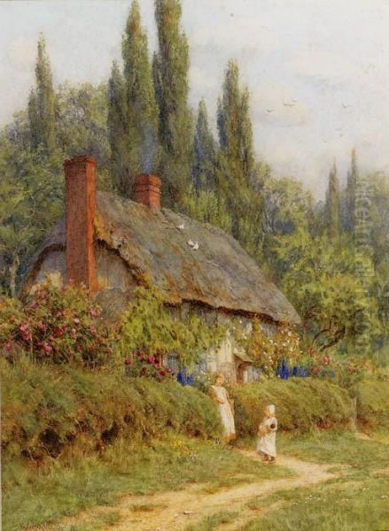 Children On A Path Outside A Thatched Cottage, West Horsley,surrey Oil Painting by Helen Mary Elizabeth Allingham