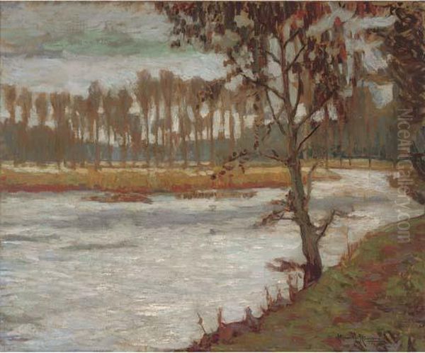 A Row Of Poplar Trees By The River Oil Painting by Alexander Altmann