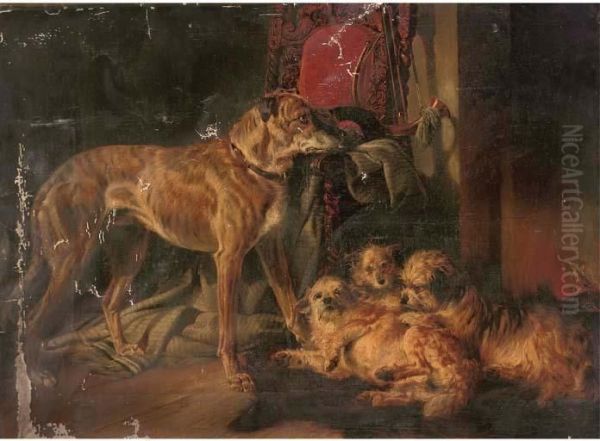 A Scottish Deerhound And Three Dandy Dinmonts By An Open Fire Oil Painting by Richard Ansdell