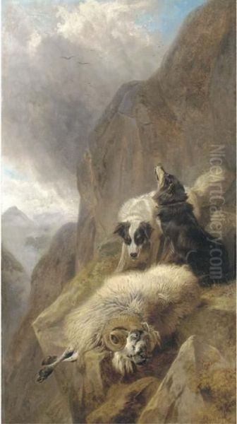 Sheepdogs With A Stricken Sheep In A Mountainous Highlandlandscape Oil Painting by Richard Ansdell