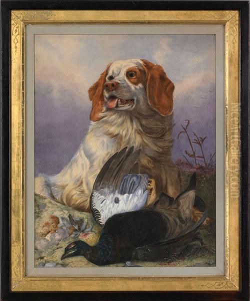 Spaniel And A Pheasant In A Landscape Oil Painting by Richard Ansdell