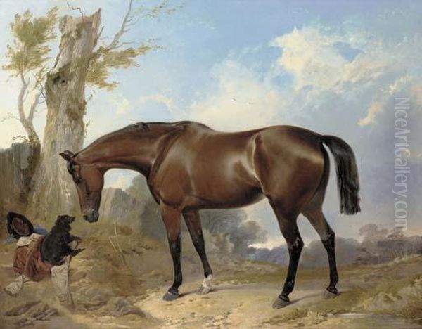 A Bay Hunter And Dog In A Landscape Oil Painting by Richard Ansdell