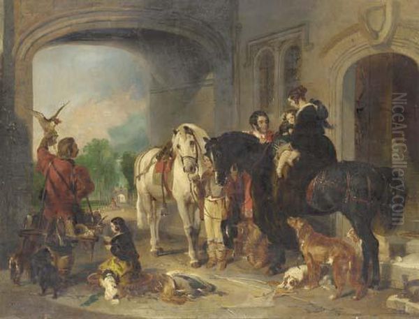 Queen Victoria And Prince Albert With Children And Attendantssetting Off For The Hunt Oil Painting by Richard Ansdell