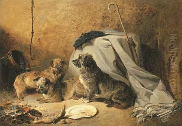 Three Dandie Dinmont Terriers By A Cottage Hearth Oil Painting by Richard Ansdell