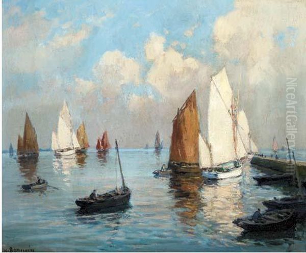 Yachts In A Calm At The Harbour Mouth Oil Painting by Henri Alphonse Barnoin