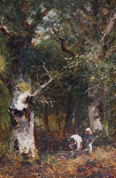 Gathering Faggots In A Woodland, A Pair Oil Painting by David Bates