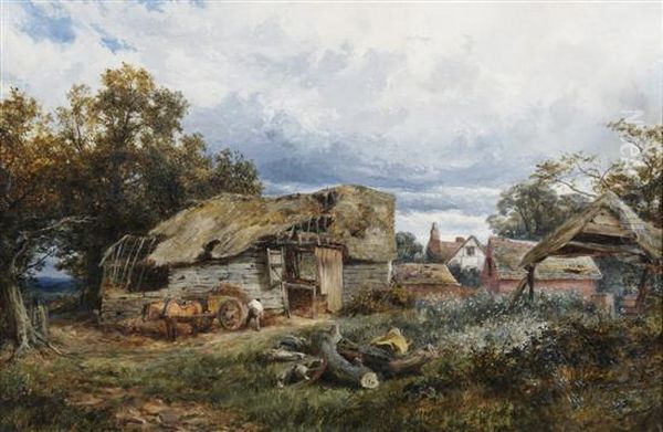 Man Outside Cottage Oil Painting by David Bates