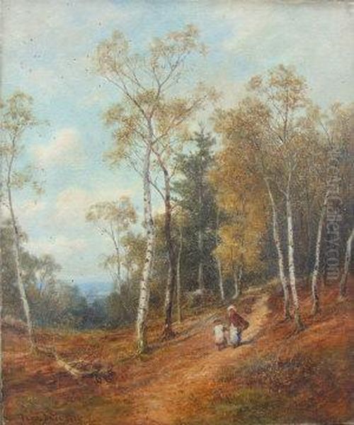 Two Children Walking Along A Wooded Path Oil Painting by David Bates