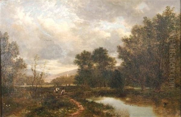 A Wooded Landscape With Anglers Fishing Off A Riverbank Oil Painting by David Bates