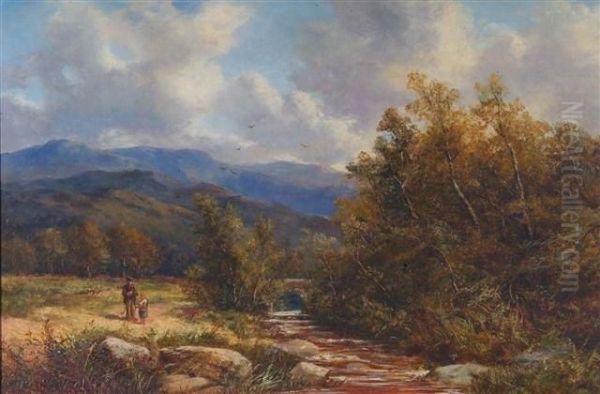 A Scottish Mountainous Landscape With Angler And Childon A River Bank Oil Painting by David Bates