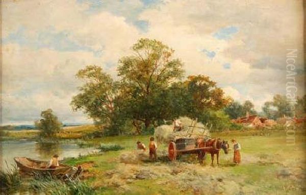 Scene With Figures Loading A Hay Cart Oil Painting by David Bates