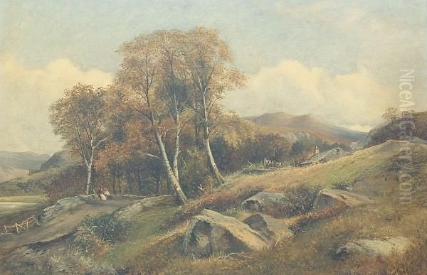 Welsh Mountain Landscape With Figures Oil Painting by David Bates