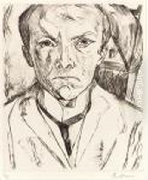 Frontal Self-portrait With House
 Gable In Background (selbstbildnis Von Vorn, Im Hintergrund Hausgiebel)
 (h. 125) Oil Painting by Max Beckmann