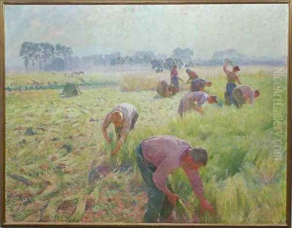 Flax Harvesting Oil Painting by Emile Claus