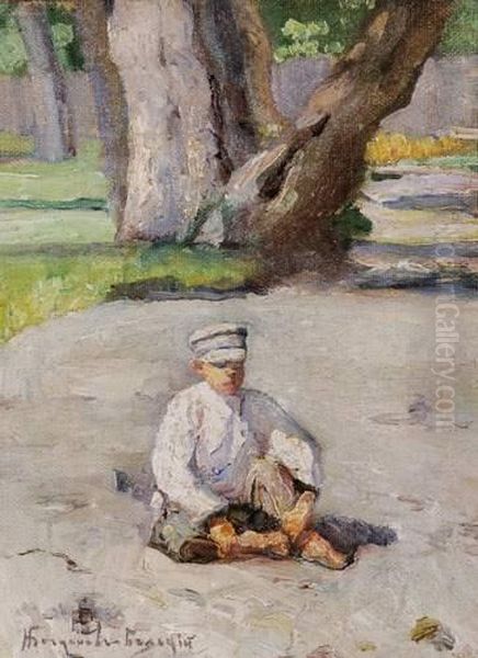 Garcon Assis Devant Un Arbre Oil Painting by Nikolai Petrovich Bogdanov-Belsky