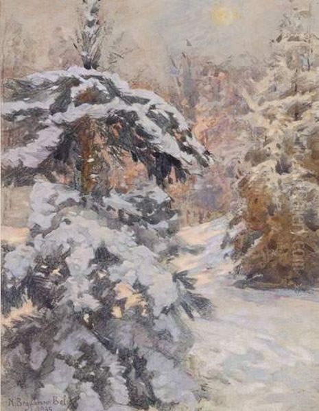 Foret De Sapins Sous La Neige, Lumiere Du Soir Oil Painting by Nikolai Petrovich Bogdanov-Belsky