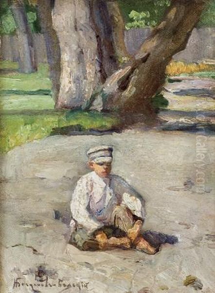 A Boy Sitting Before A Tree Oil Painting by Nikolai Petrovich Bogdanov-Belsky