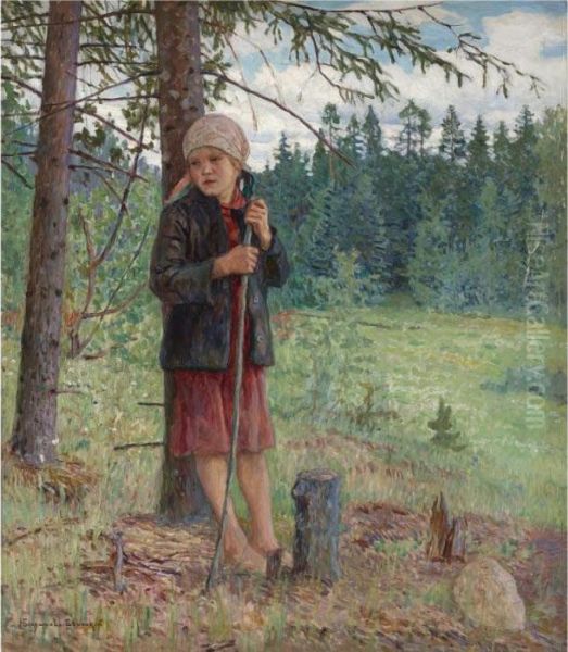 Young Girl In A Forest Oil Painting by Nikolai Petrovich Bogdanov-Belsky