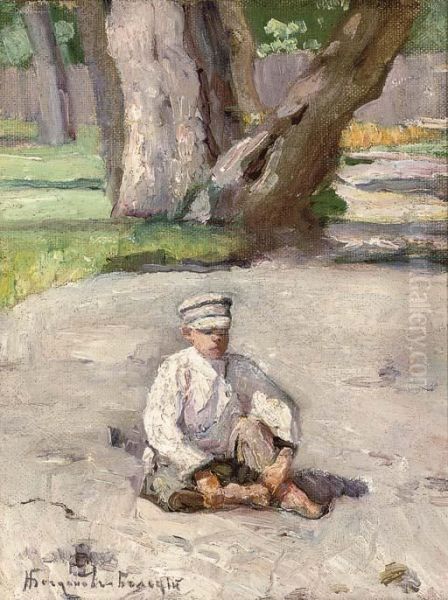 A Boy Sitting Before A Tree Oil Painting by Nikolai Petrovich Bogdanov-Belsky