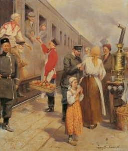 Auf Einem Russischen Bahnhof. Oil Painting by Nikolai Petrovich Bogdanov-Belsky