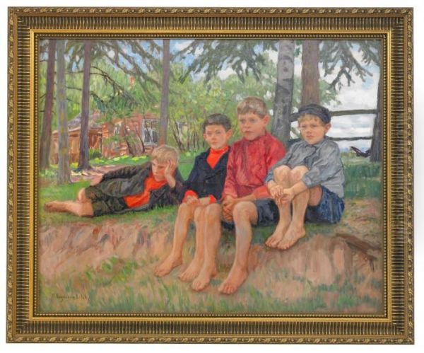 Four Boys In A Landscape Oil Painting by Nikolai Petrovich Bogdanov-Belsky