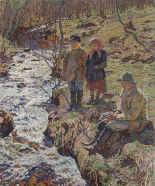 Fishing For Trout Oil Painting by Nikolai Petrovich Bogdanov-Belsky