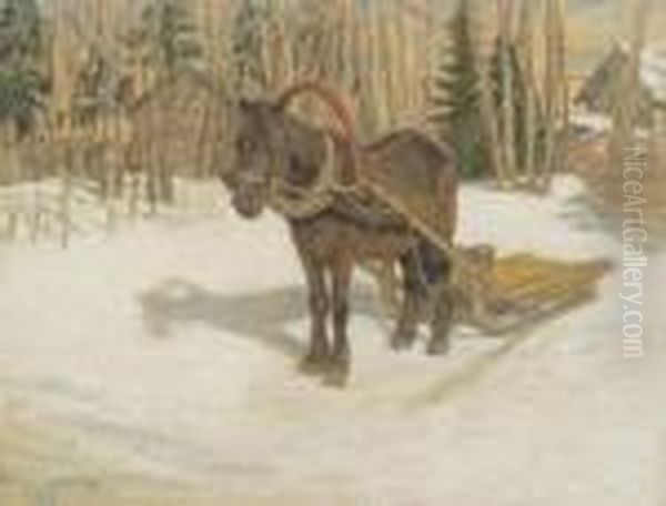 Winter Landscape With Horse And Sledge Oil Painting by Nikolai Petrovich Bogdanov-Belsky