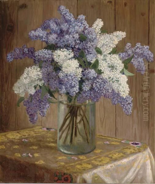 Purple And White Lilacs In A Glass Vase Oil Painting by Nikolai Petrovich Bogdanov-Belsky