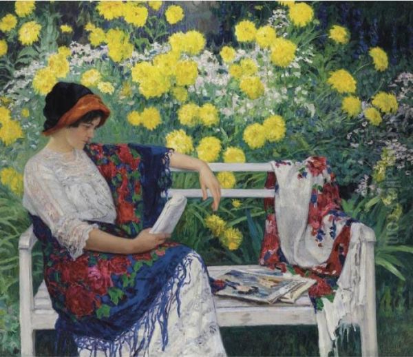 Reading In The Garden Oil Painting by Nikolai Petrovich Bogdanov-Belsky