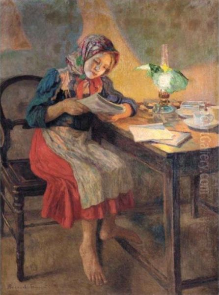 Reading By Lamplight Oil Painting by Nikolai Petrovich Bogdanov-Belsky