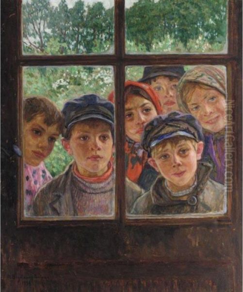 Children At The Window Oil Painting by Nikolai Petrovich Bogdanov-Belsky