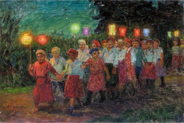 Evening March With Lanterns Oil Painting by Nikolai Petrovich Bogdanov-Belsky