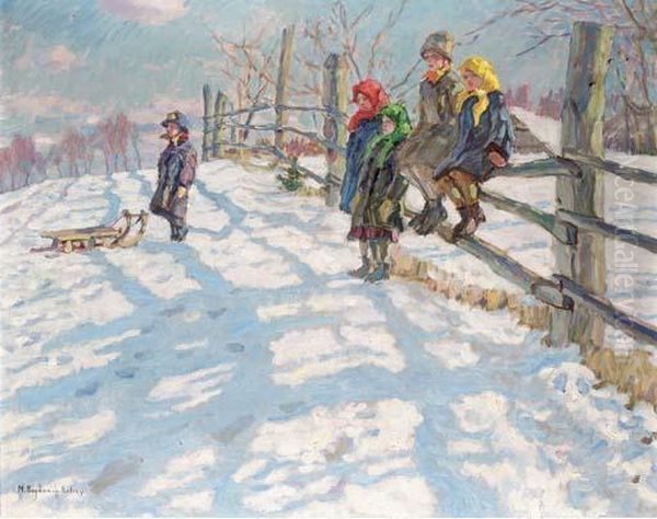 Children In A Winter Landscape Oil Painting by Nikolai Petrovich Bogdanov-Belsky