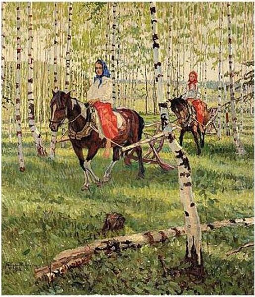 Riding Through The Forest Oil Painting by Nikolai Petrovich Bogdanov-Belsky