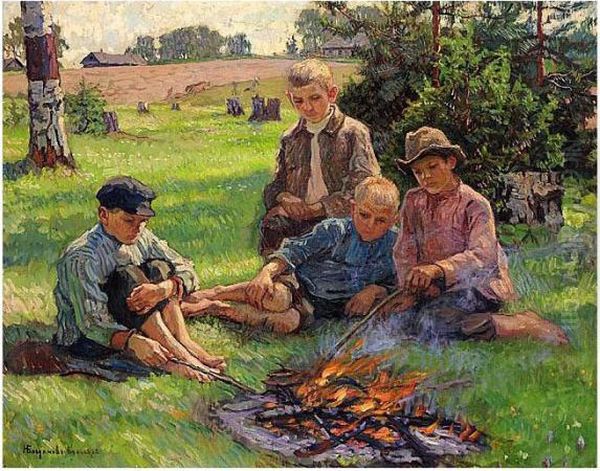 Boys Around A Campfire Oil Painting by Nikolai Petrovich Bogdanov-Belsky