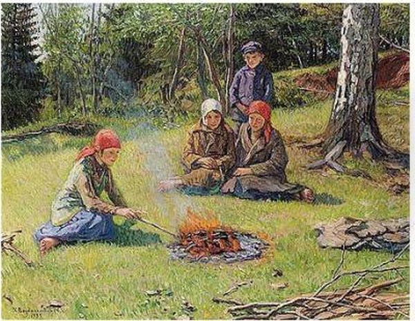 The Campfire Oil Painting by Nikolai Petrovich Bogdanov-Belsky