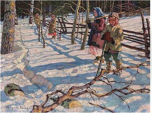 Children In The Snow Oil Painting by Nikolai Petrovich Bogdanov-Belsky