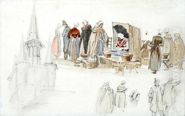 Figure Studies For A Market Scene,and A Study Of Church Tower Oil Painting by Richard Parkes Bonington