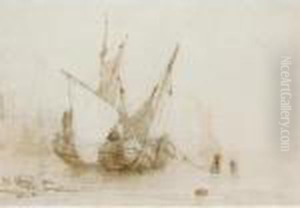 Anchored Boats At Low Tide Oil Painting by Richard Parkes Bonington