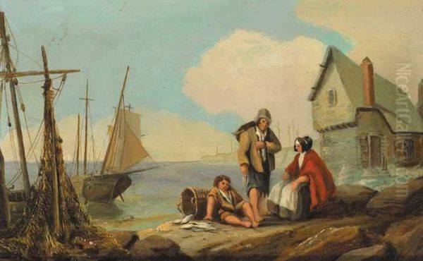 Coastal Scene With A Fisherman And His Family Oil Painting by Richard Parkes Bonington