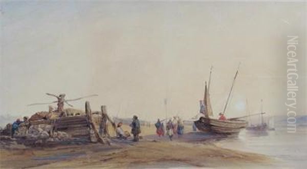 Coastal Scene With Fisherfolk On The Shore Oil Painting by Richard Parkes Bonington