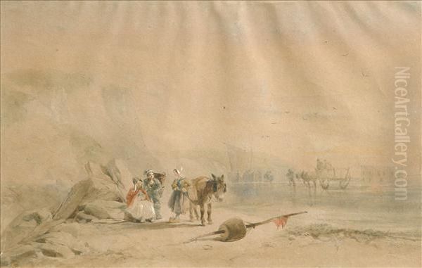 Follower Of Richard Parkes Bonington Fisherwomen Paused On The Beach Oil Painting by Richard Parkes Bonington