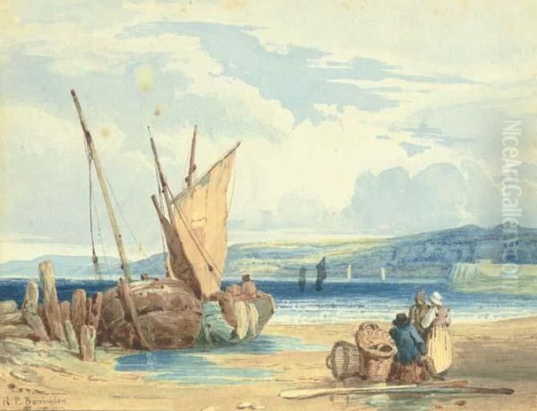 A Coastal Landscape At Low Tide With Fisherfolk And Beachedvessels Oil Painting by Richard Parkes Bonington