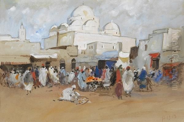 A View Of A Mosque, Place Bab-souika, Tunis Oil Painting by Hercules Brabazon Brabazon