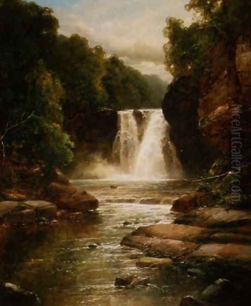 A Wooded River Landscape with Waterfall Oil Painting by James Burrell-Smith