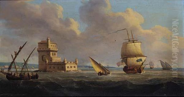 A British Frigate Running Out Of Lisbon With The Belem Tower Off Her Starboard Quarter Oil Painting by Thomas Buttersworth