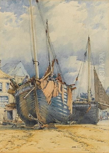 A Boat And Fishermen On The Shore Oil Painting by William Callow